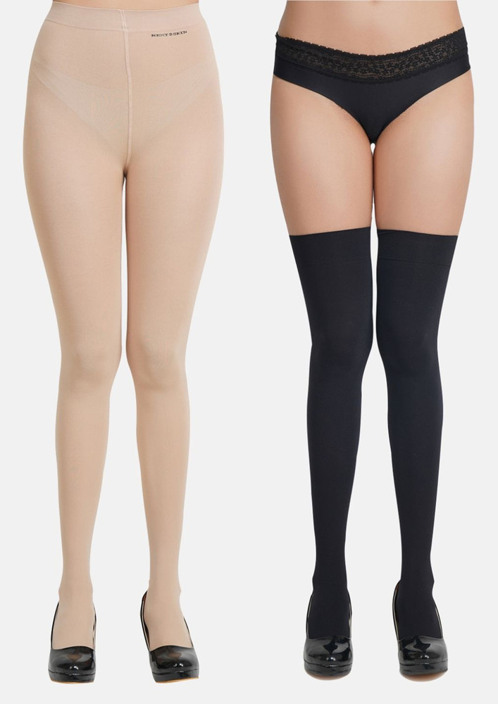 Next2skin Women Nylon Opaque Pantyhose Stockings Combo (skin&black)