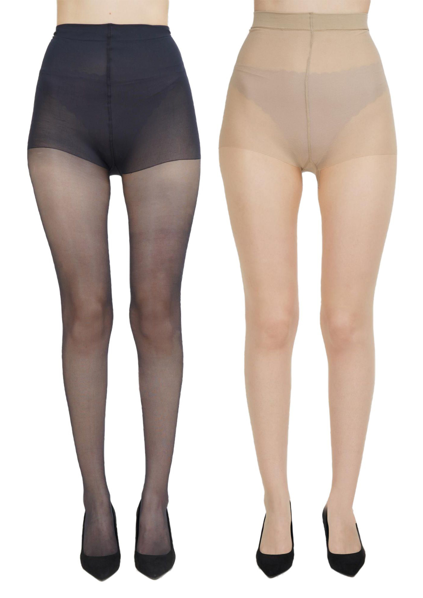 NEXT2SKIN Women Sheer Transparent Low Denier Pantyhose Stockings - Pack of 2 (Black&Skin)