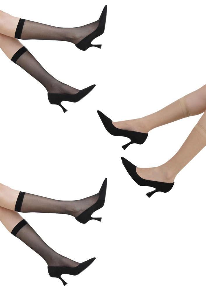 Next2skin Women's Ultrathin Transparent Knee Length Stocking Socks - Pack Of 3 (skin&black)