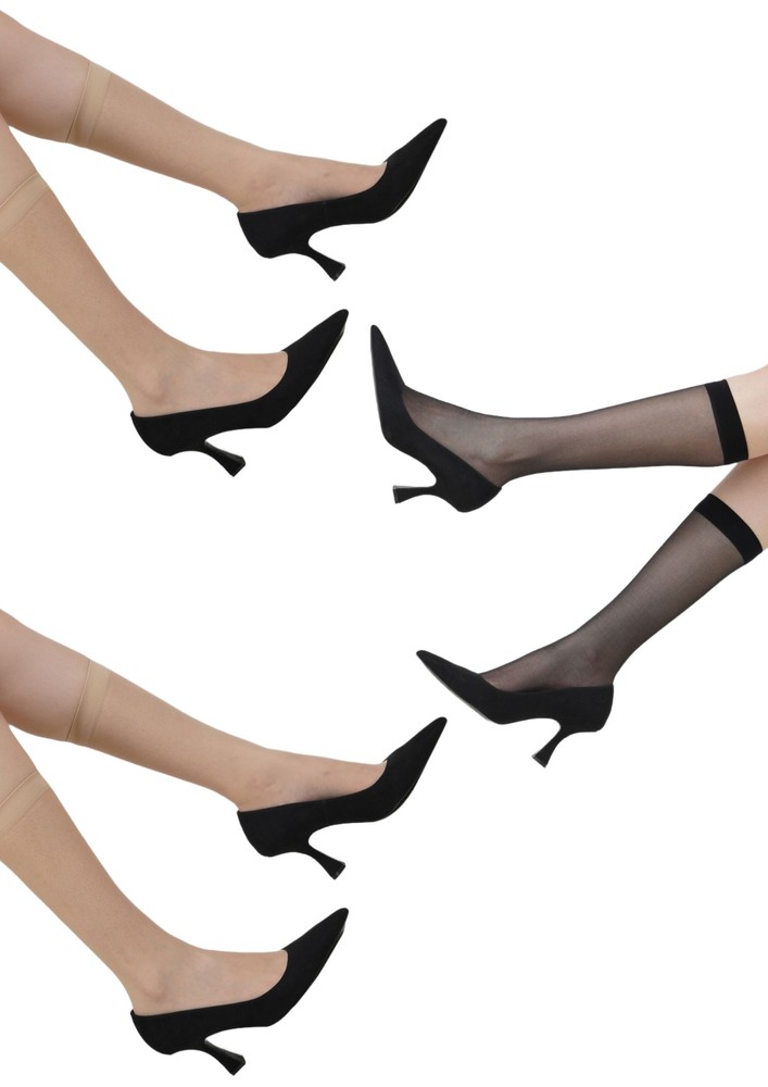 NEXT2SKIN Women's Ultrathin Transparent Knee Length Stocking Socks - Pack of 3 (Black&Skin)
