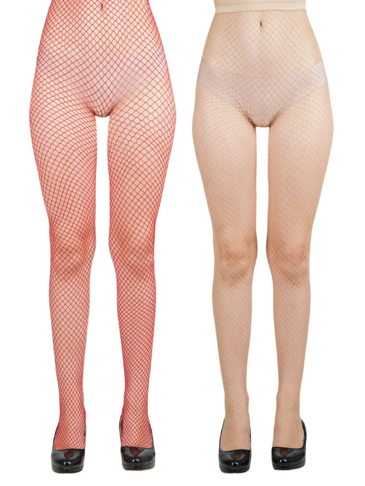 NEXT2SKIN Women's Fishnet Pattern Mesh Pantyhose Stockings Pack of 2 (Red&Skin, MediumNet)