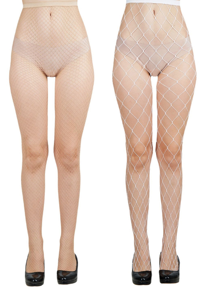 Next2skin Women's Fishnet Pattern Mesh Pantyhose Stockings Pack Of 2 (skin&white, Mediumnet-xlargenet)