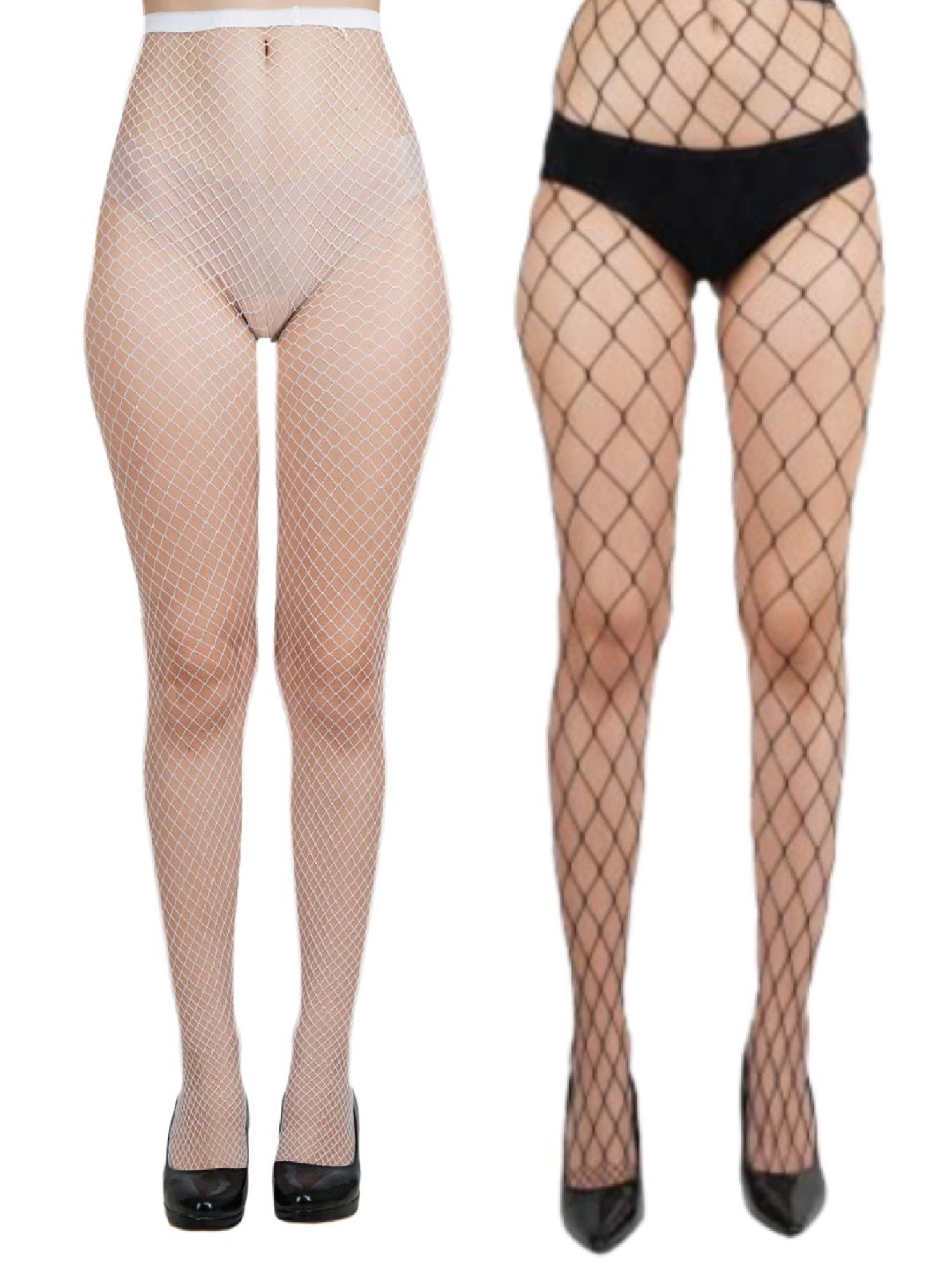 NEXT2SKIN Women's Fishnet Pattern Mesh Pantyhose Stockings Pack of 2 (White&Black, MediumNet-XLargeNet)