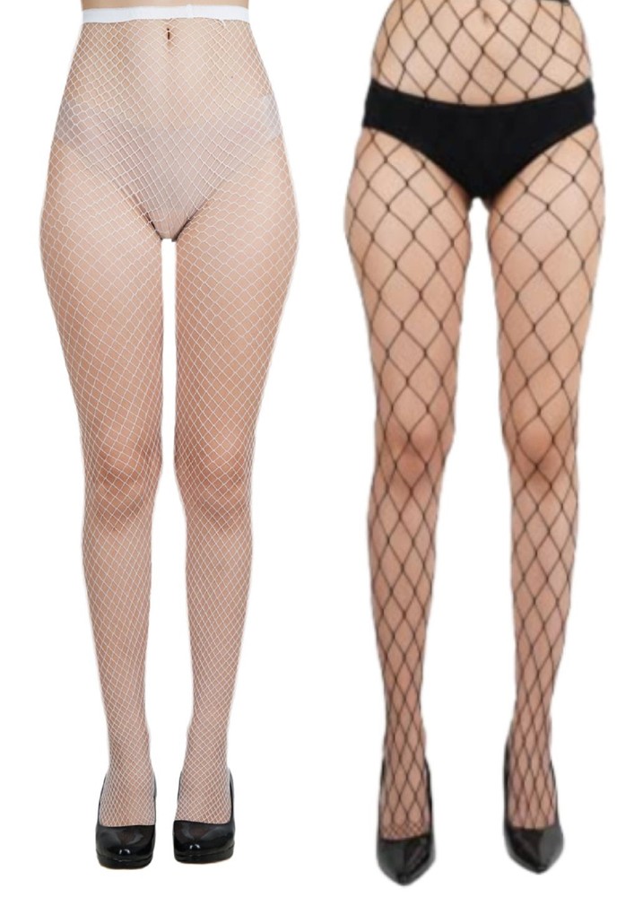 Next2skin Women's Fishnet Pattern Mesh Pantyhose Stockings Pack Of 2 (white&black, Mediumnet-xlargenet)