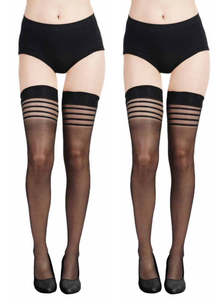 NEXT2SKIN Women Sheer Thigh High Transparent Stockings Pack of 2 (Black)