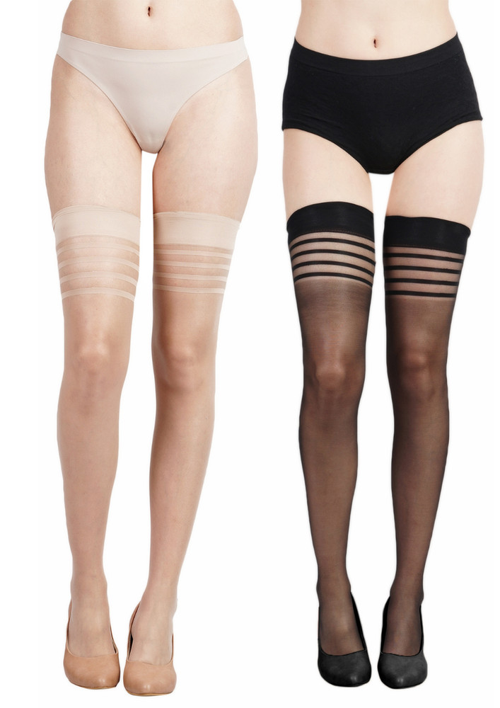 Next2skin Women Sheer Thigh High Transparent Stockings Pack Of 2 (skin & Black)
