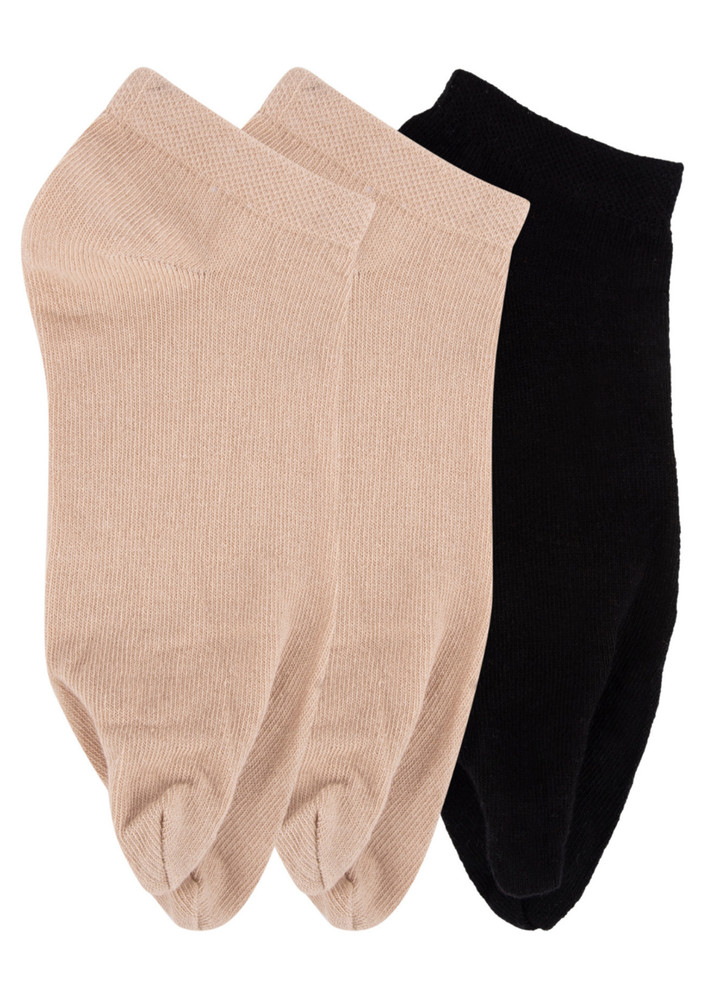 Next2skin Women Low Ankle Length Cotton Thumb Socks (pack Of 3) (skin:black:skin)