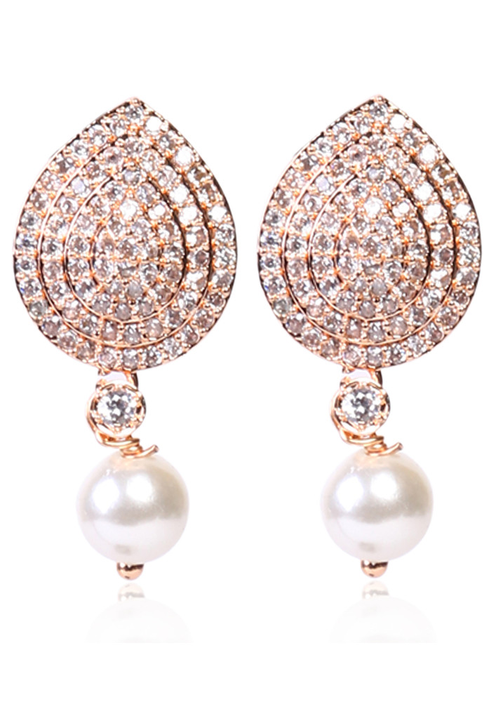Lavish Lifestyle American Diamond Rose Gold Leaf Drop Pearl Earring
