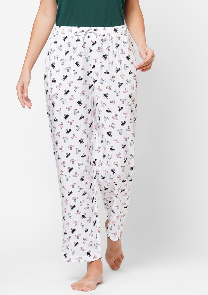 Soie Paper Clip Printed White Lounge Trousers