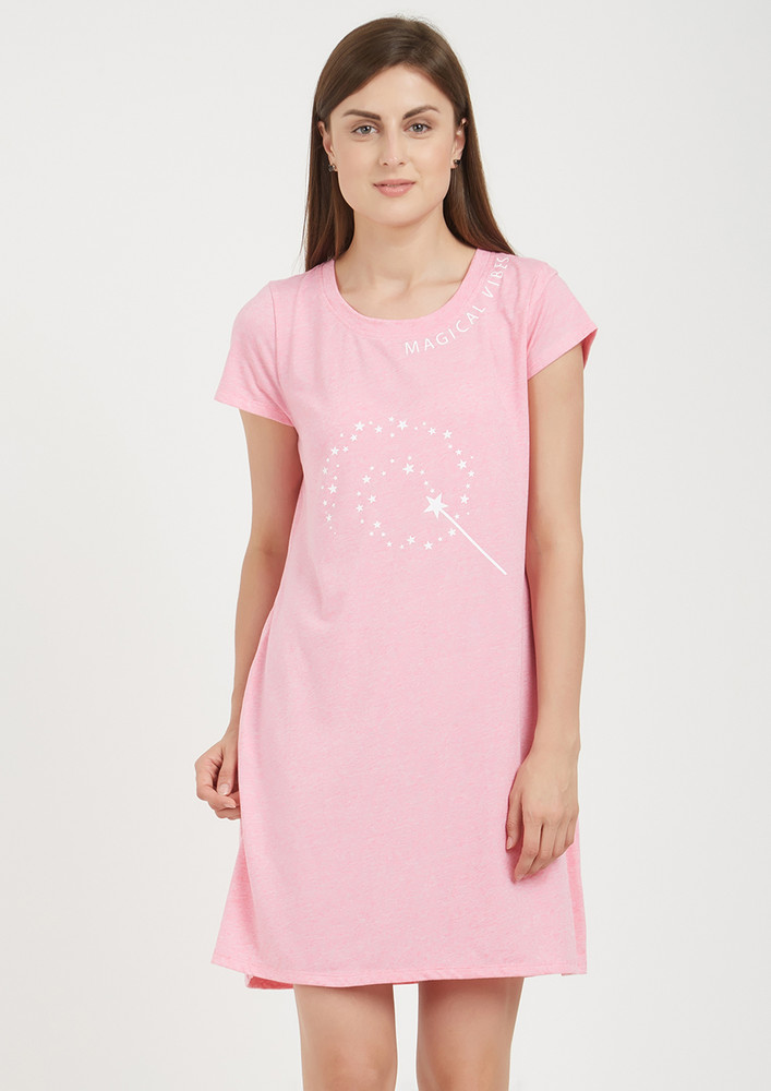 SOIE Magical Vibes Printed Light Pink Nightdress