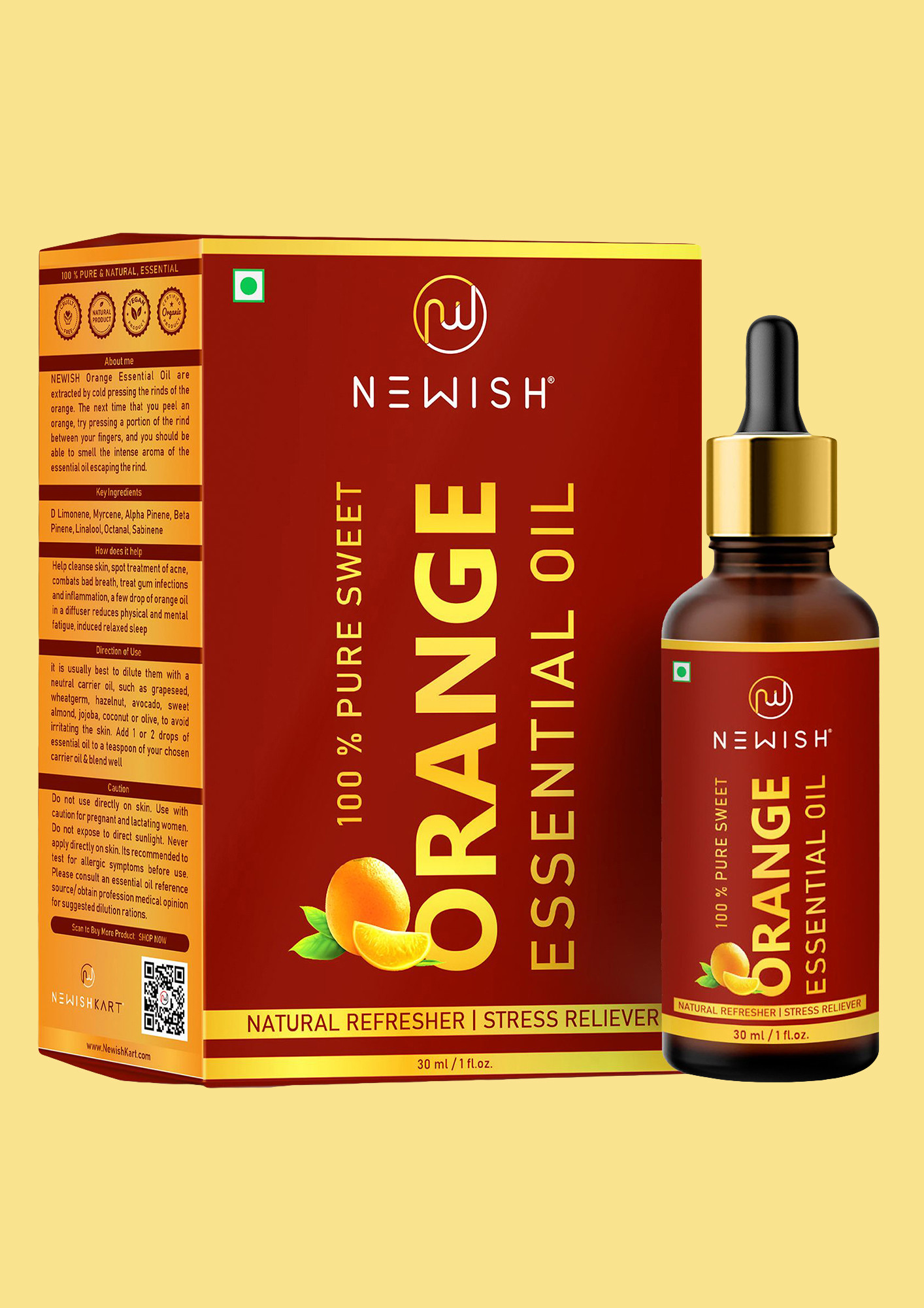 Newish Orange Essential Oil for Face, Skin, Aroma, Diffuser Cold Pressed 30ml
