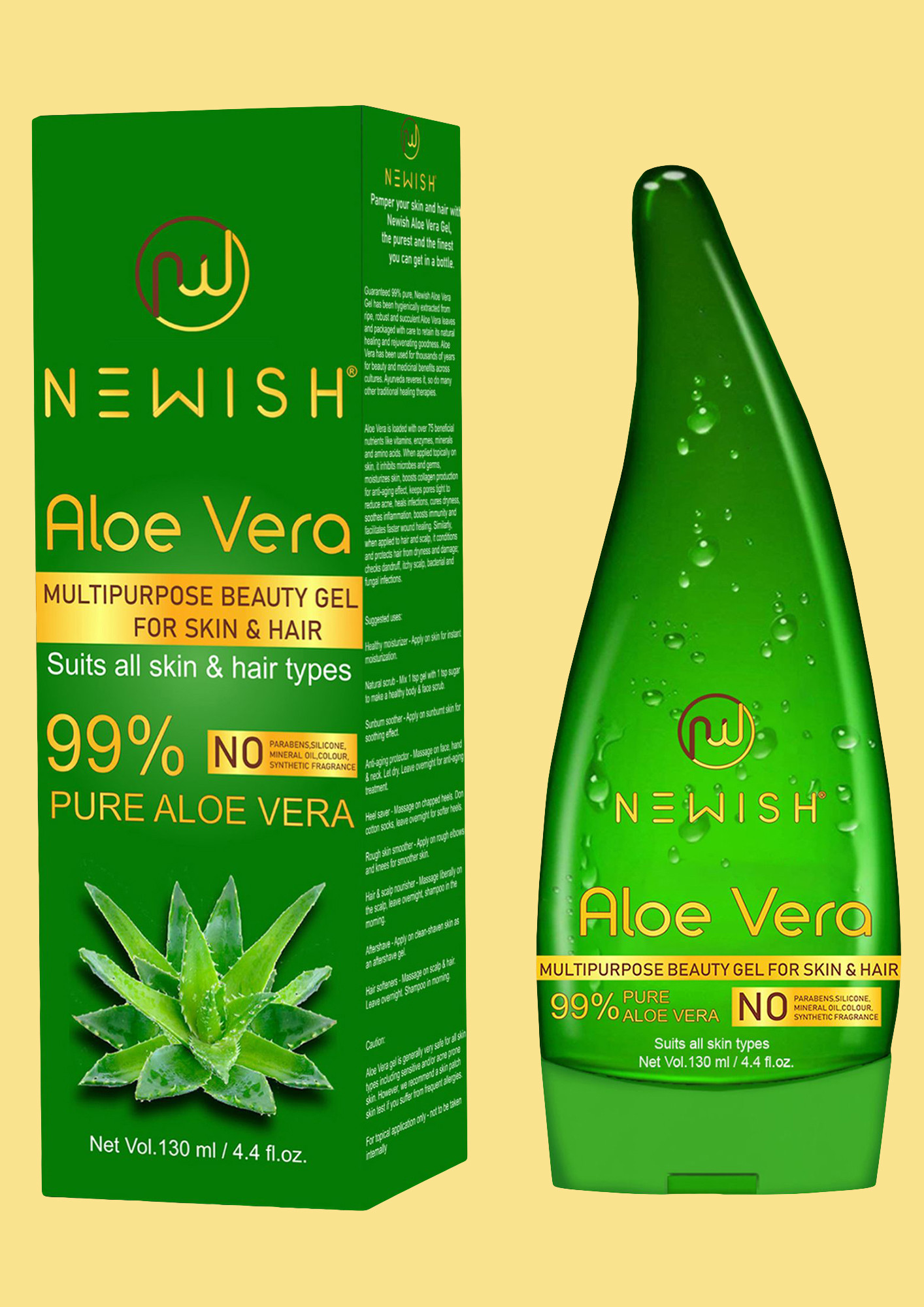 Newish Pure Aloe Vera Gel For Face Glow, Hair Growth & Skin Moisturizer For Women & Men, 130 ml