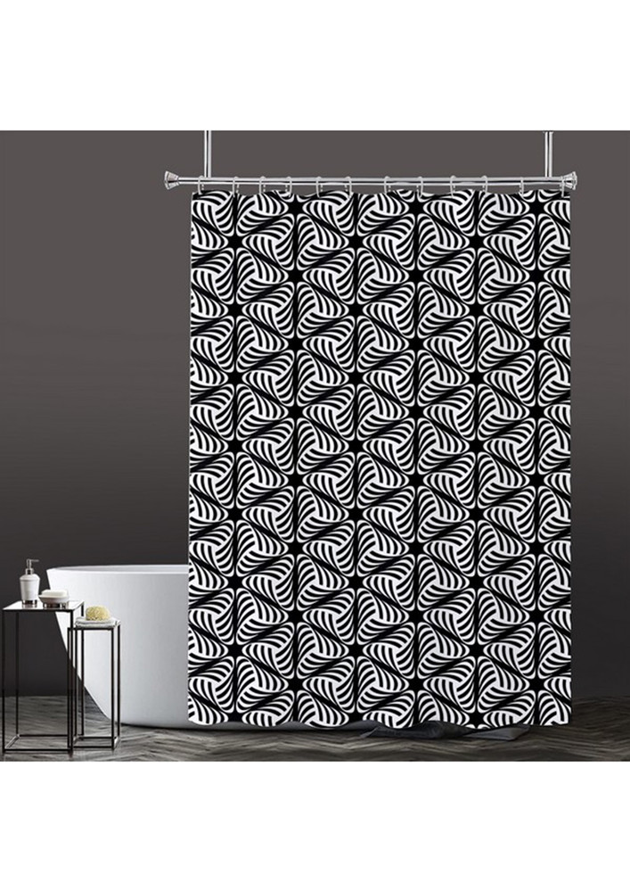 Lushomes Bathroom Shower Curtain with 12 Hooks and 12 Eyelets, Printed Desginer Swirly Triangles Bathtub Curtain, Non-PVC, Water-repellent bathroom Accessories, Black/White,  6 Ft H x 6 FT W (72 Inch x 72 Inch, Single Pc)