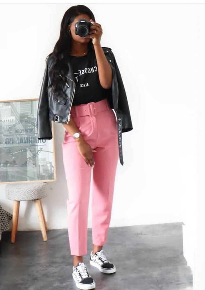 ANKLE LENGTH PINK TROUSER WITH BELT