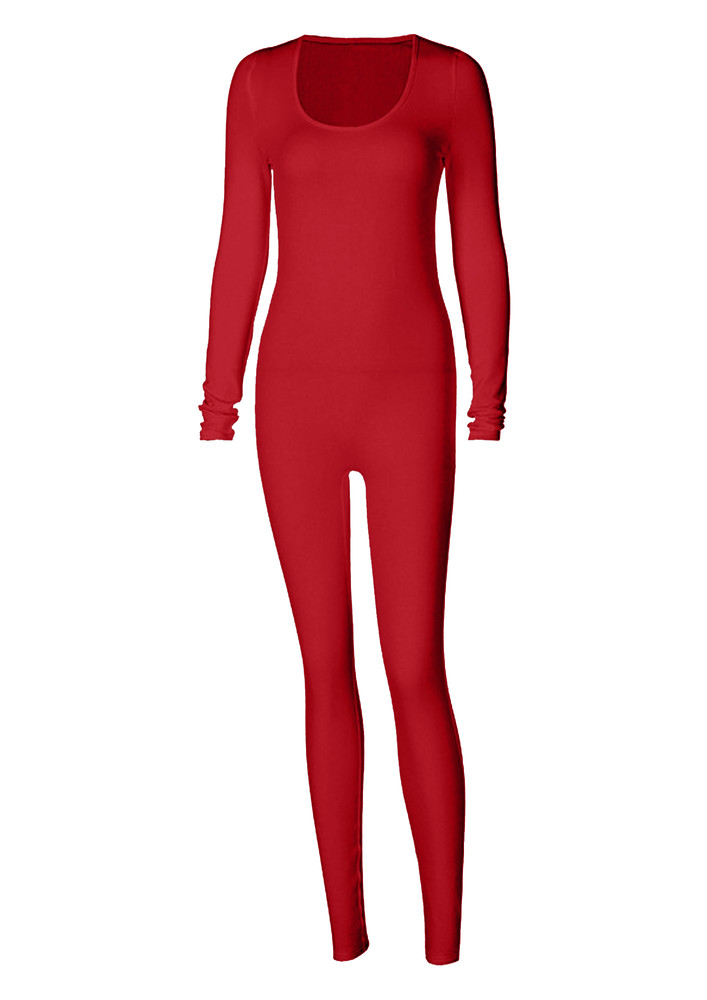 A SOLID RED KNIT FITTED CLASSIC JUMPSUIT