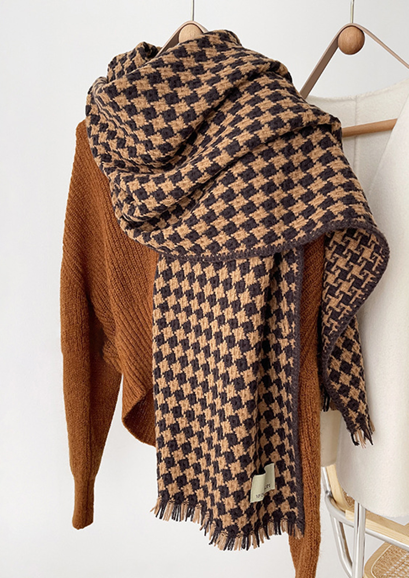 Buy HOUNDSTOOTH-PRINT WOOLEN BROWN WOVEN SCARF for Women Online in India