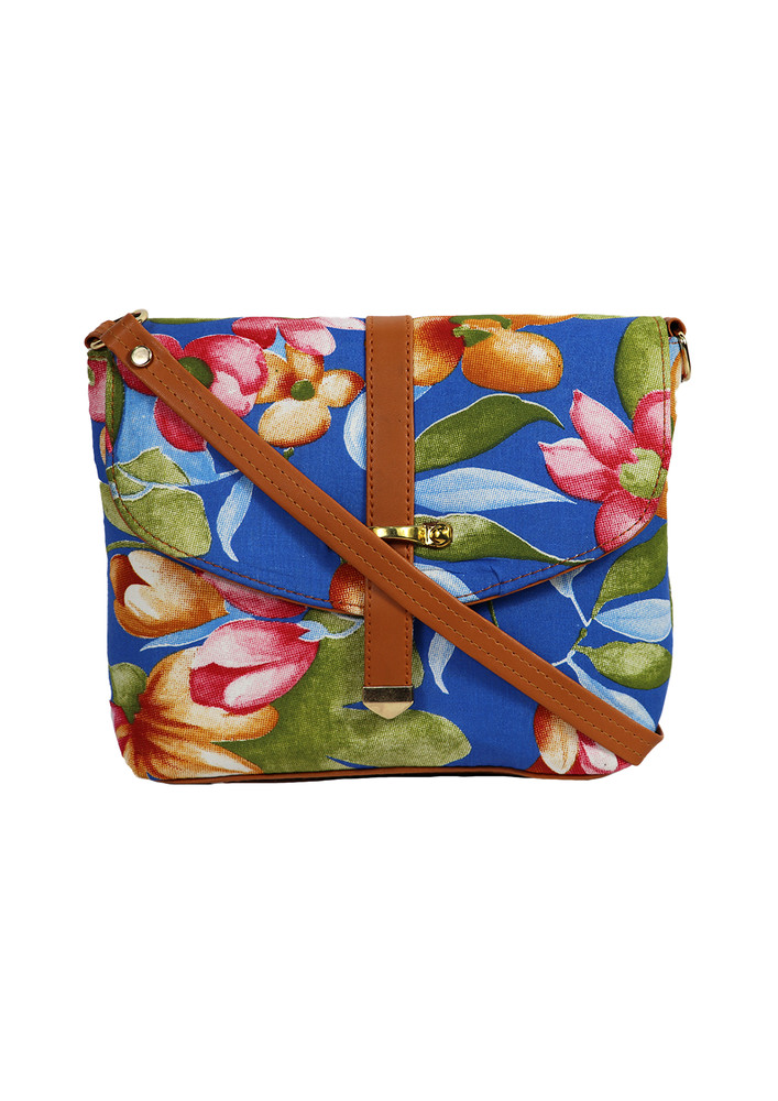 Women'S Flower Print Design Embellished Blue Sling Bag