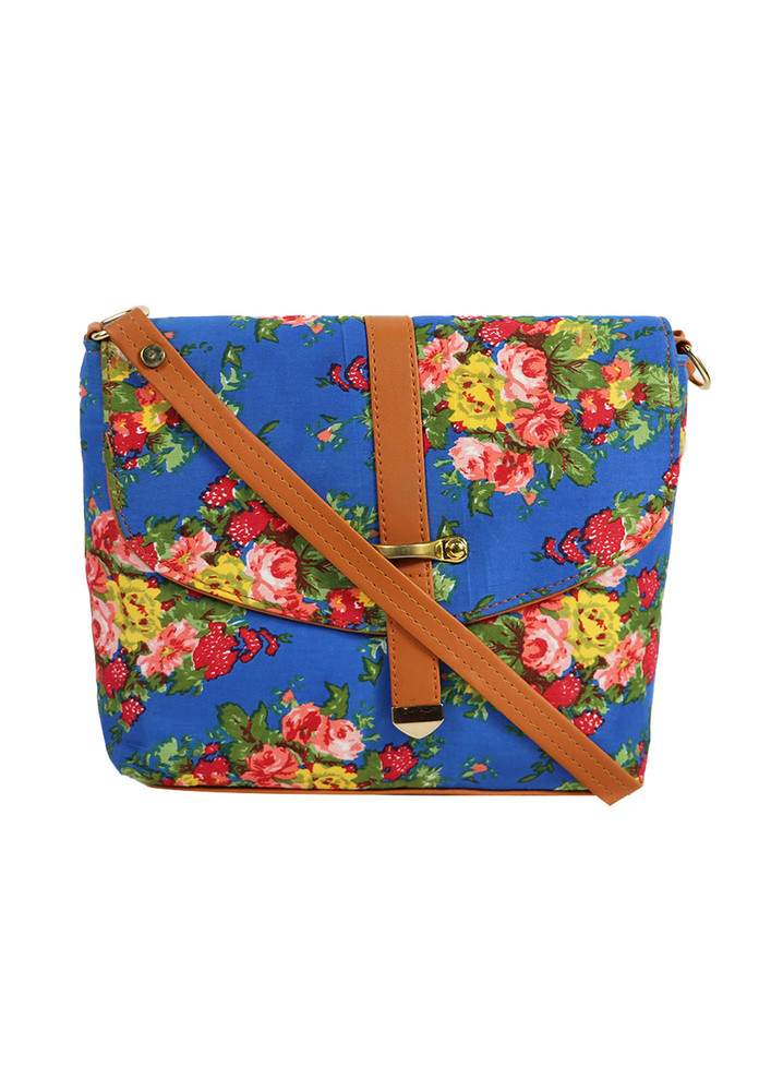 Women'S Flower Print Design Embellished Sling Bag |Blue