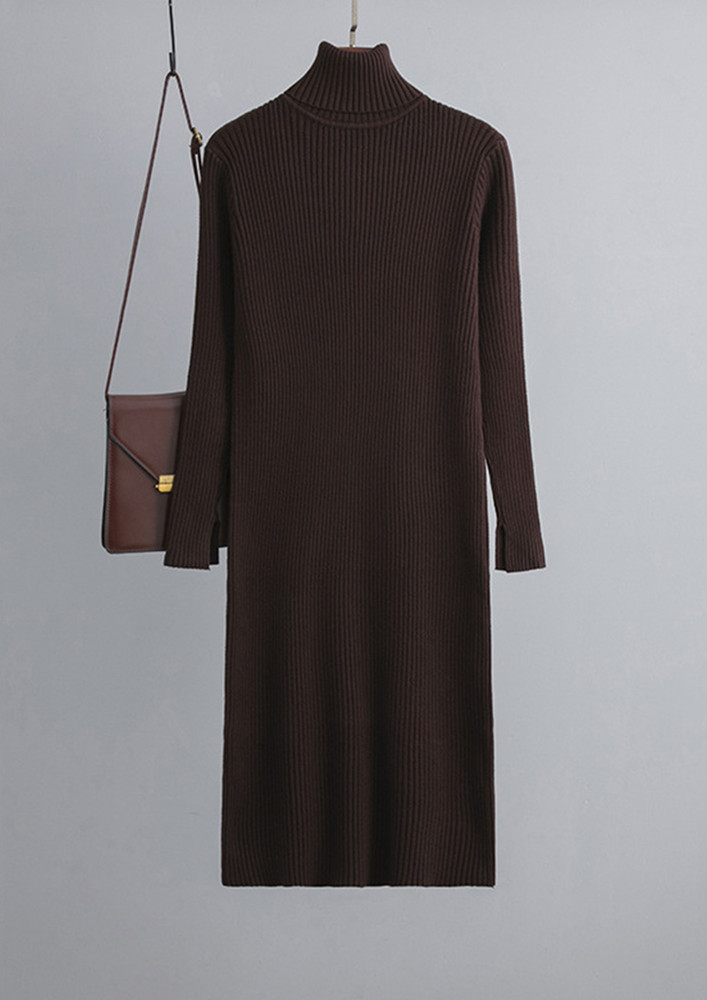 Folded High Neck Deep Brown Knit Midi Dress