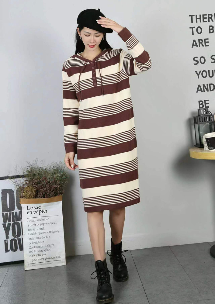 All-over Stripe Hooded Brown Midi Dress