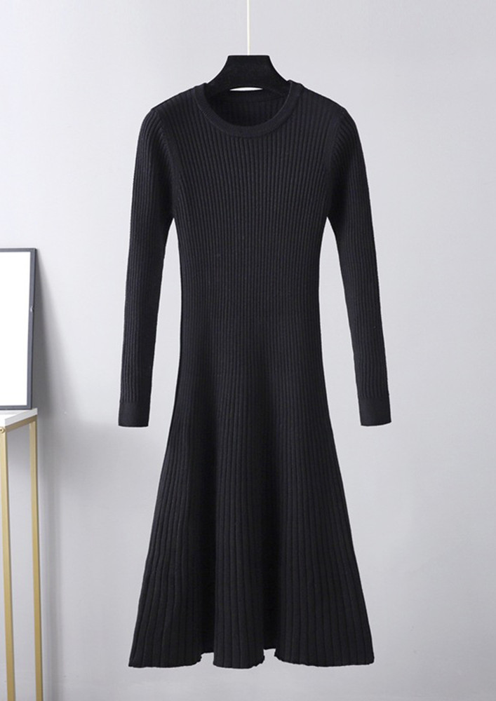 Round Neck Flared Knit-rib Black Midi Dress