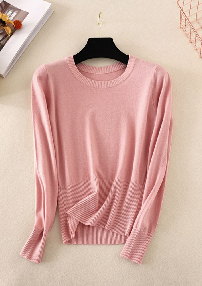 IN ROUND NECK PINK KNIT SOLID T-SHIRT
