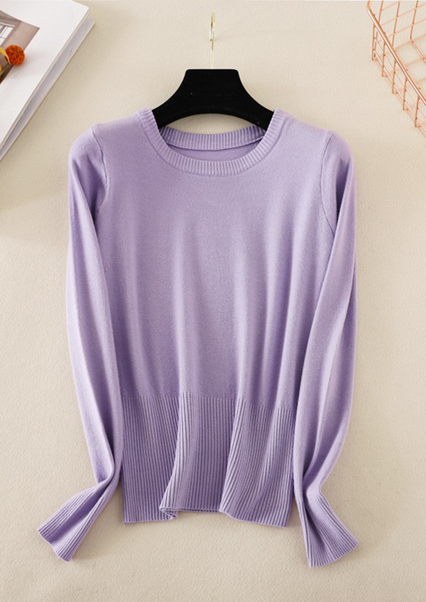 IN ROUND NECK PURPLE KNIT SOLID T-SHIRT
