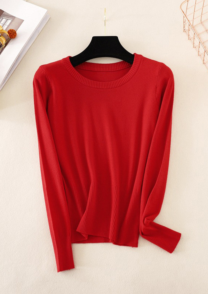 IN ROUND NECK RED KNIT SOLID T-SHIRT