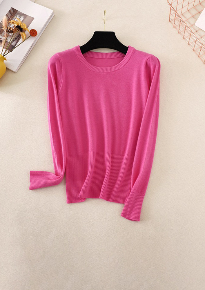 IN ROUND NECK ROSE RED KNIT SOLID T-SHIRT