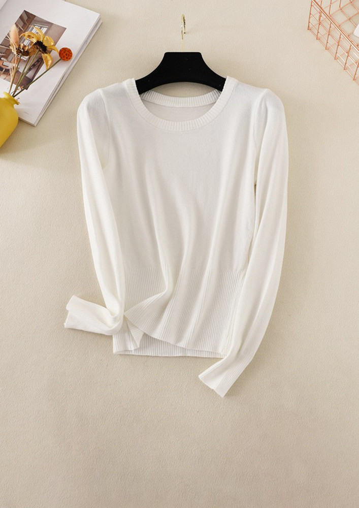 IN ROUND NECK WHITE KNIT SOLID T-SHIRT