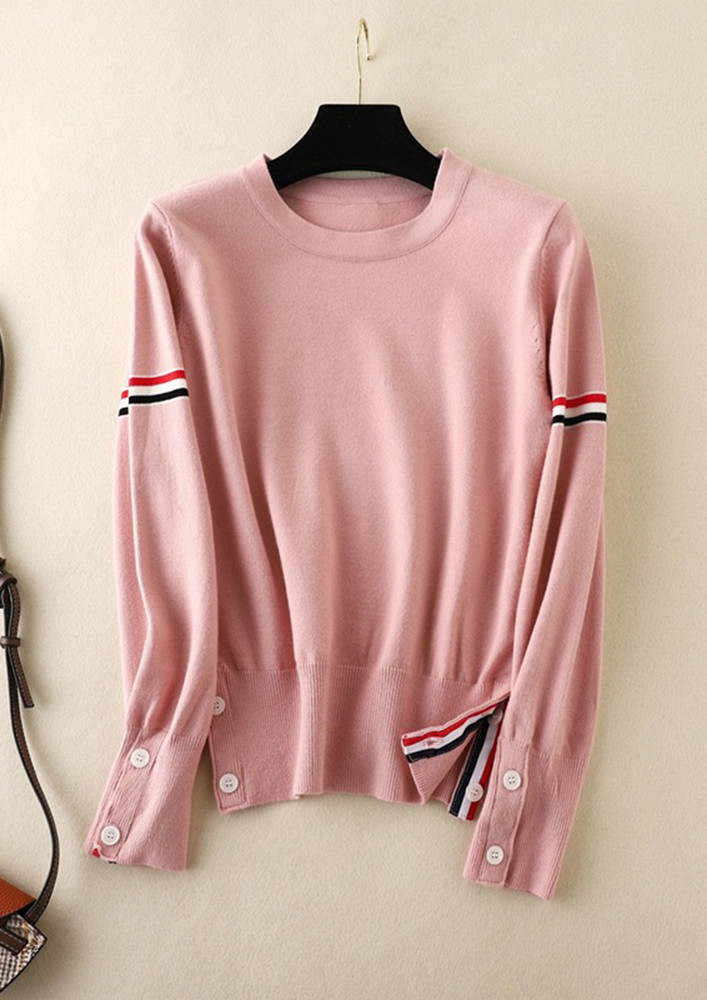 STRIPES-SLEEVES SOLID PINK KNITTED T-SHIRT