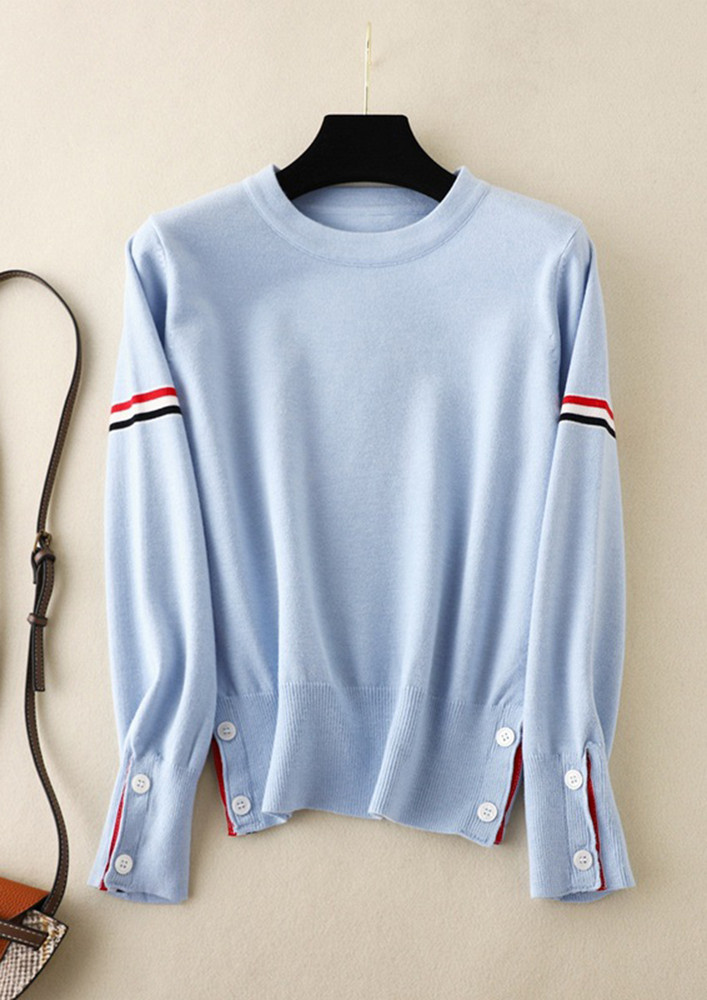 Stripes-sleeves Solid Blue Knitted T-shirt