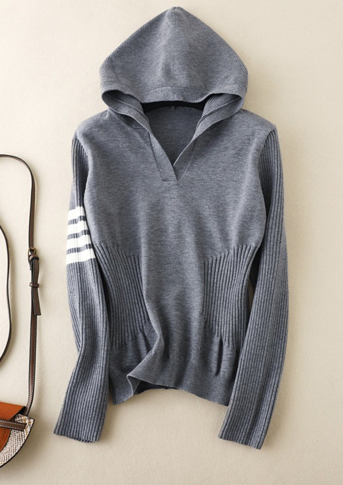 CLASSIC RIBBED-STRIPE-DETAIL GREY KNIT HOODIE