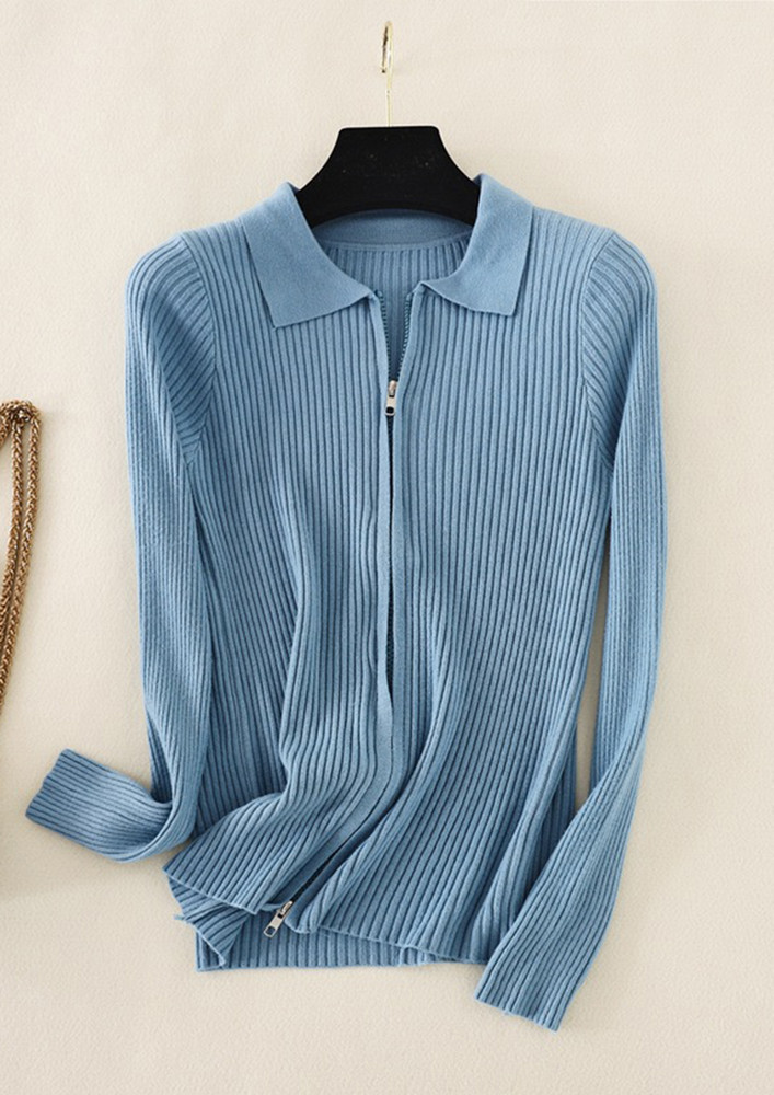 ZIPS-UP-AND-DOWN SOLID BLUE RIBBED JACKET