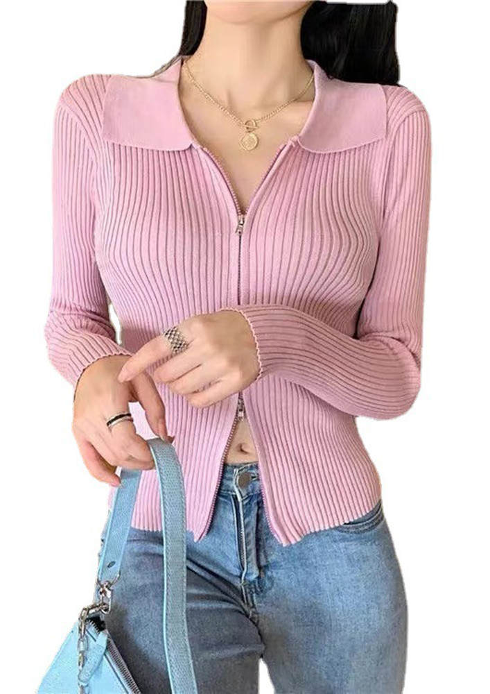 ZIPS-UP-AND-DOWN SOLID PINK RIBBED JACKET