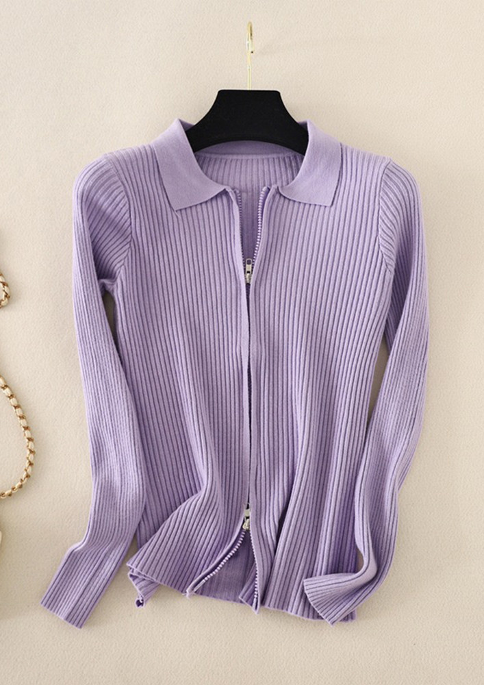 ZIPS-UP-AND-DOWN SOLID PURPLE RIBBED JACKET