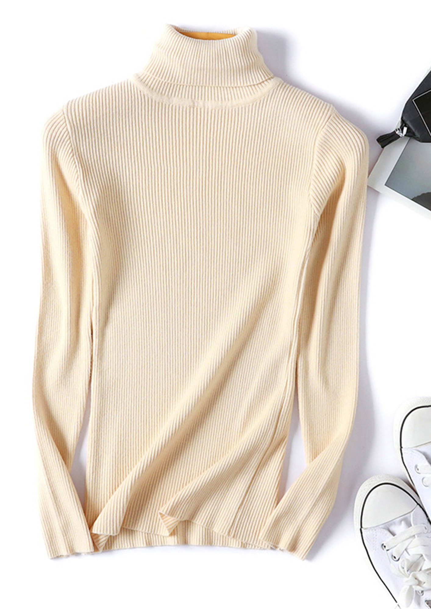 RIBBED HIGH-NECK KNITTED BEIGE BASIC TEE