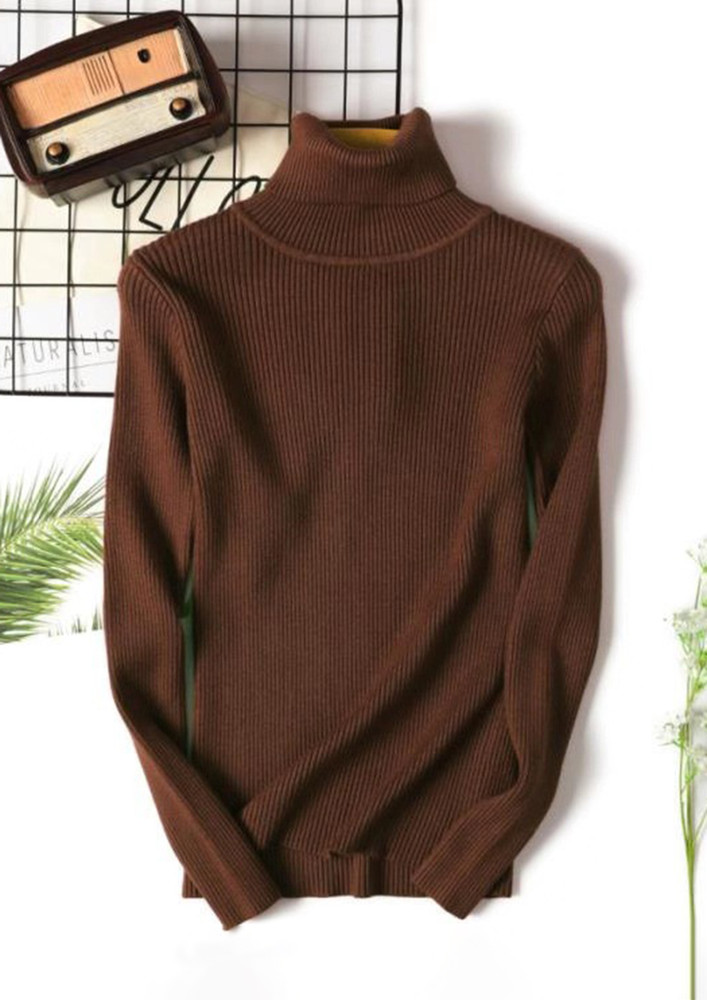 Ribbed High-neck Knitted Brown Basic Tee