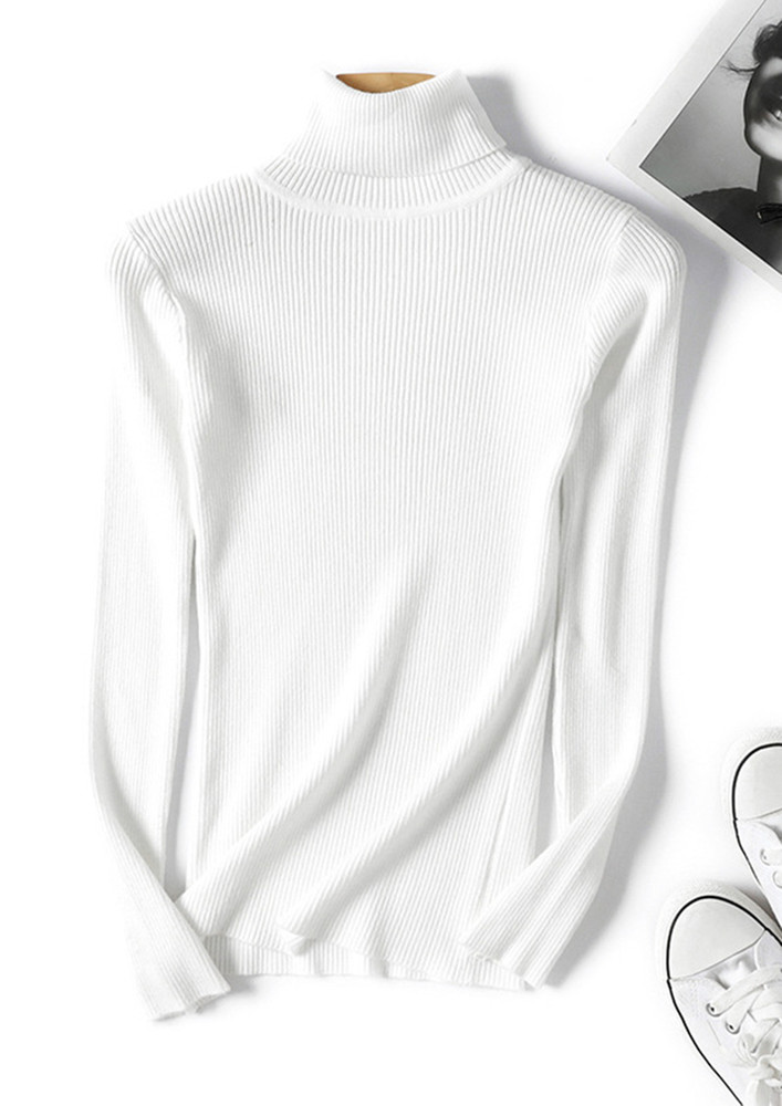 RIBBED HIGH-NECK KNITTED WHITE BASIC TEE
