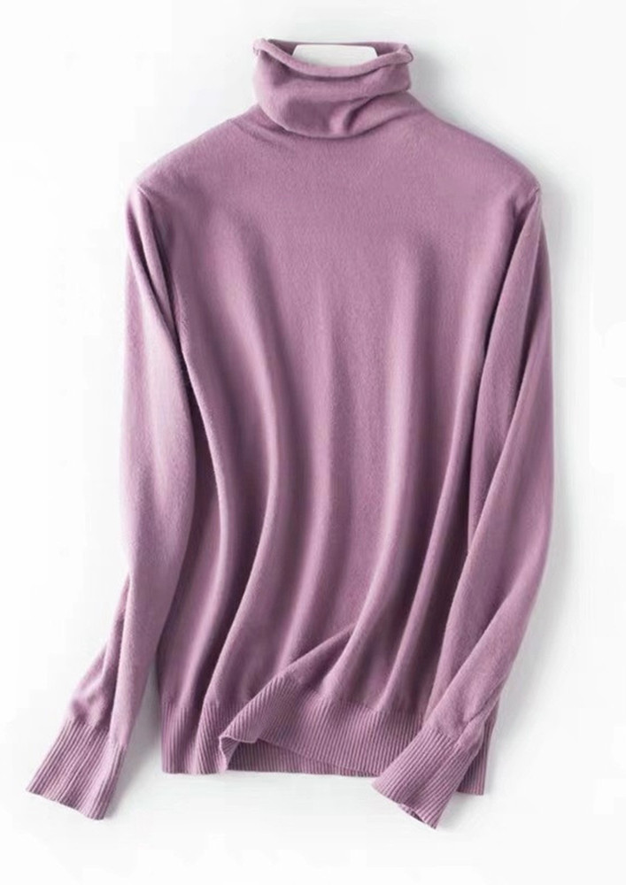 BASICALLY SOLID KNITTED PURPLE HIGH-NECK T-SHIRT