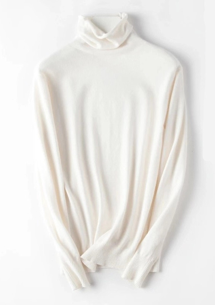 BASICALLY SOLID KNITTED WHITE HIGH-NECK T-SHIRT