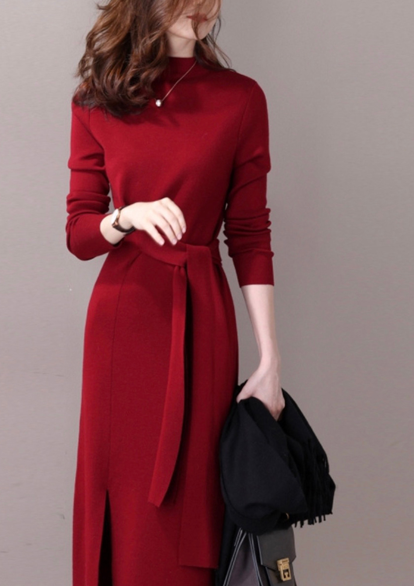 Buy POLYESTER FRONT SLIT KNITTED RED MIDI DRESS for Women Online