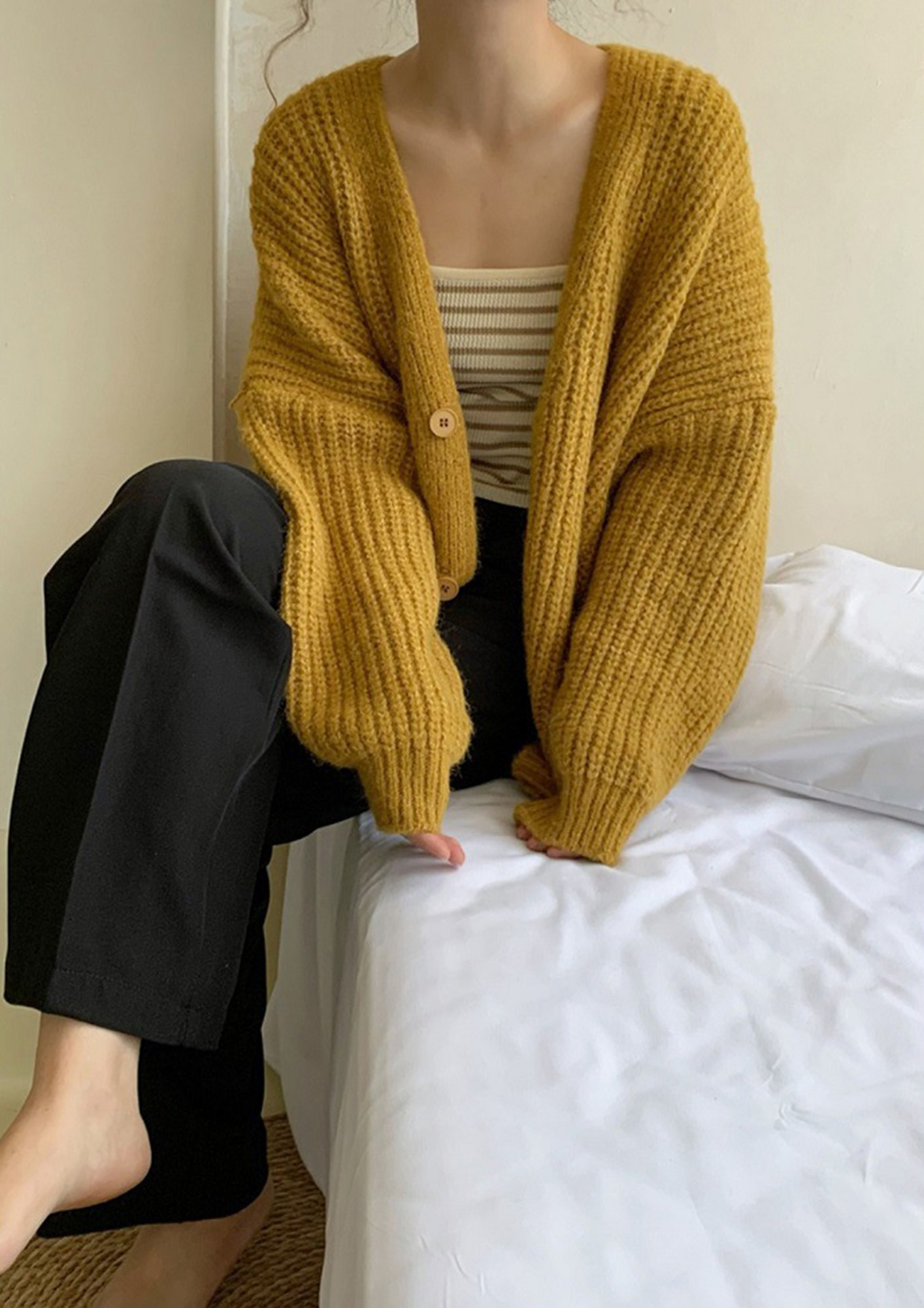 Buy KNITTED DROP SHOULDER POLYESTER YELLOW CARDIGAN for Women