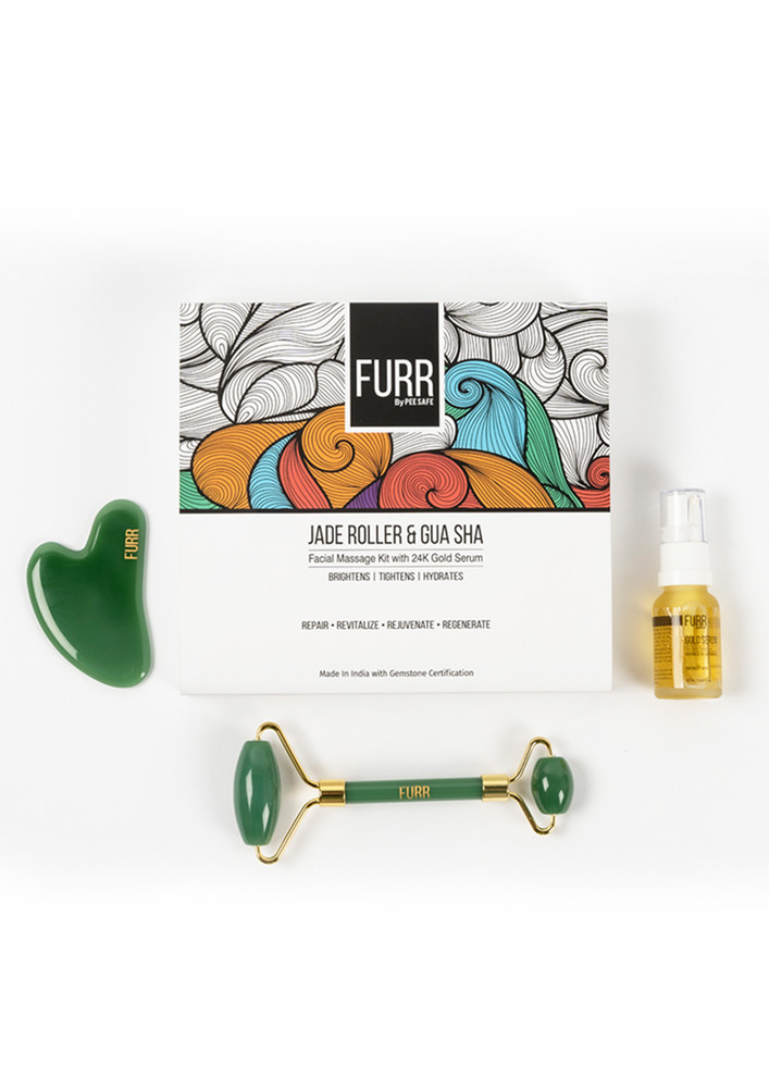 Furr Jade Roller and Gua Sha Facial Massage Kit with 24K Gold Serum by Pee Safe
