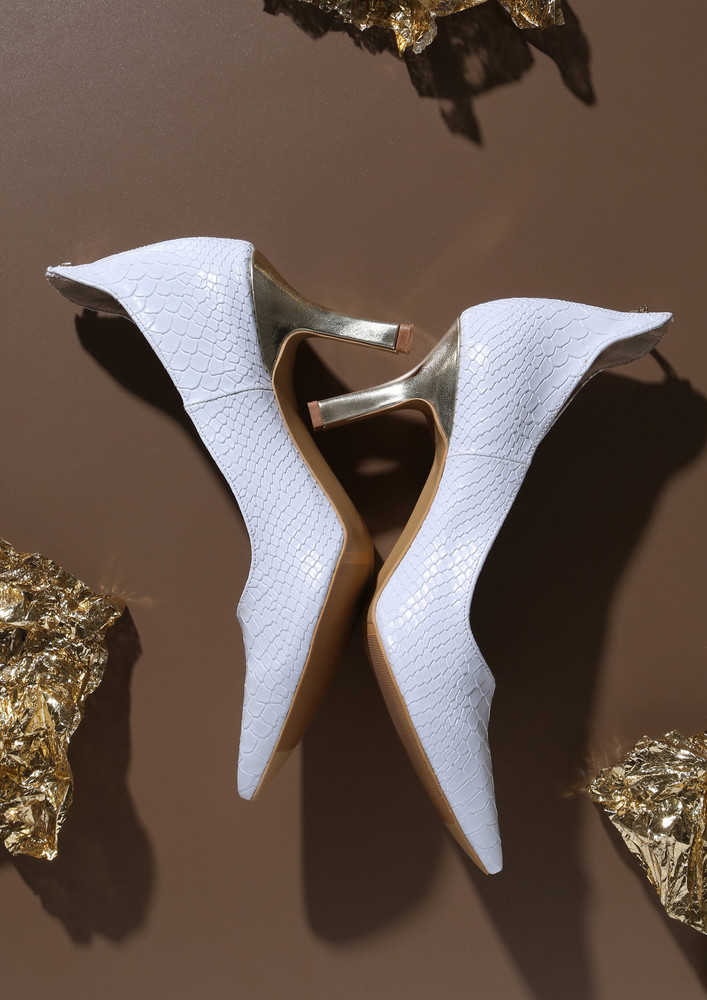 White Snake Textured Pumps With Hint Of Gold
