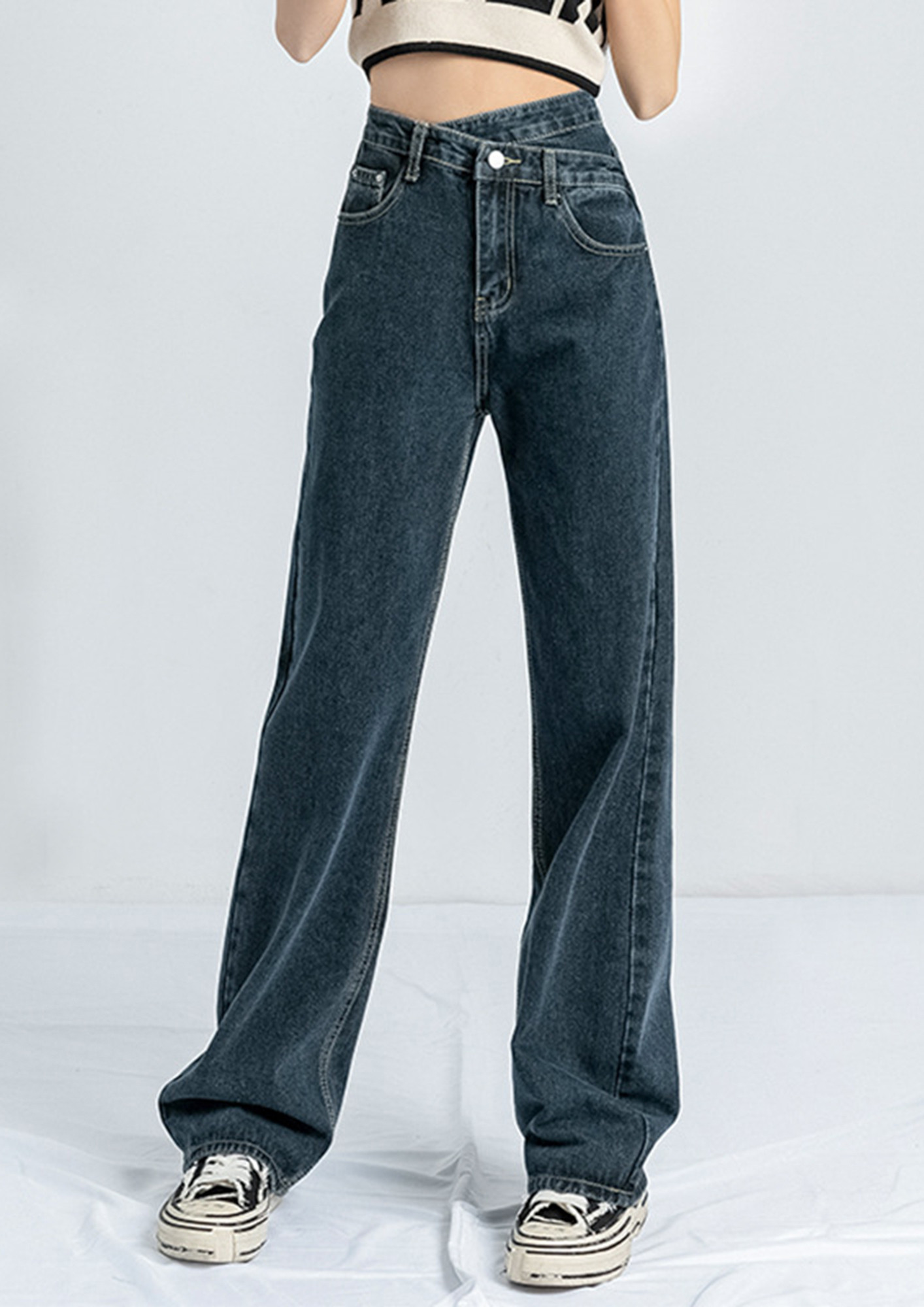 Buy BLACK CROSS-HIGH-WAIST FRONT STRAIGHT JEANS for Women Online in India