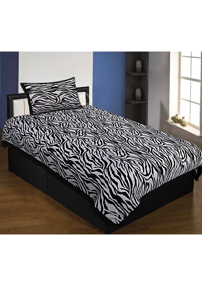 Black Border White Base Zebra Print Fine Cotton Premium Single Bedsheet With One Pillow Cover