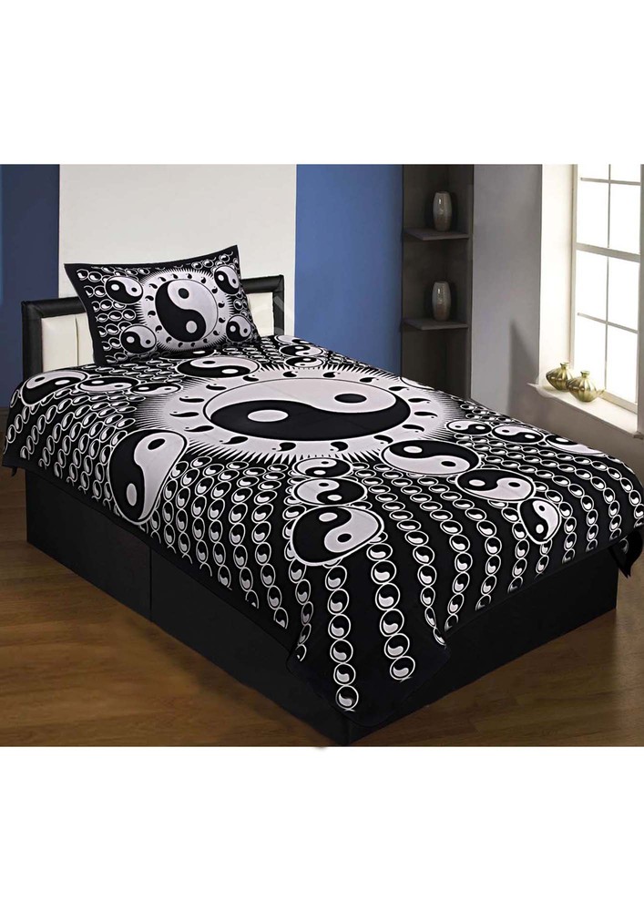 Black Border Black Base Doordarshan Print Fine Cotton Premium Single Bedsheet With Pillow Cover