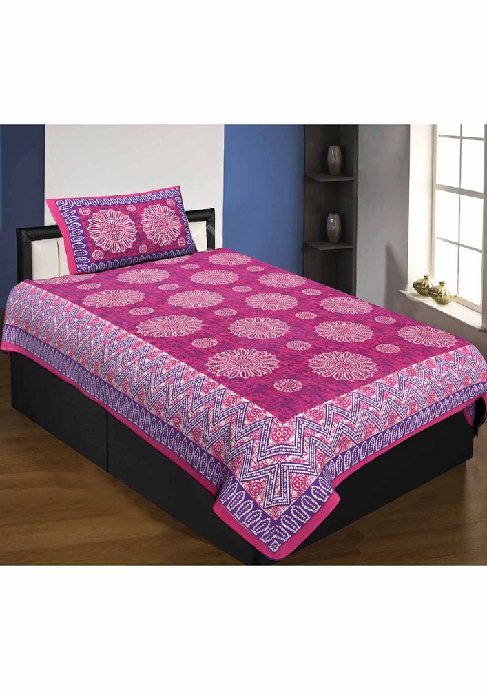 Single Bedsheet Pure Cotton Premium Pink Border Flower Print Zig Zag Pattern