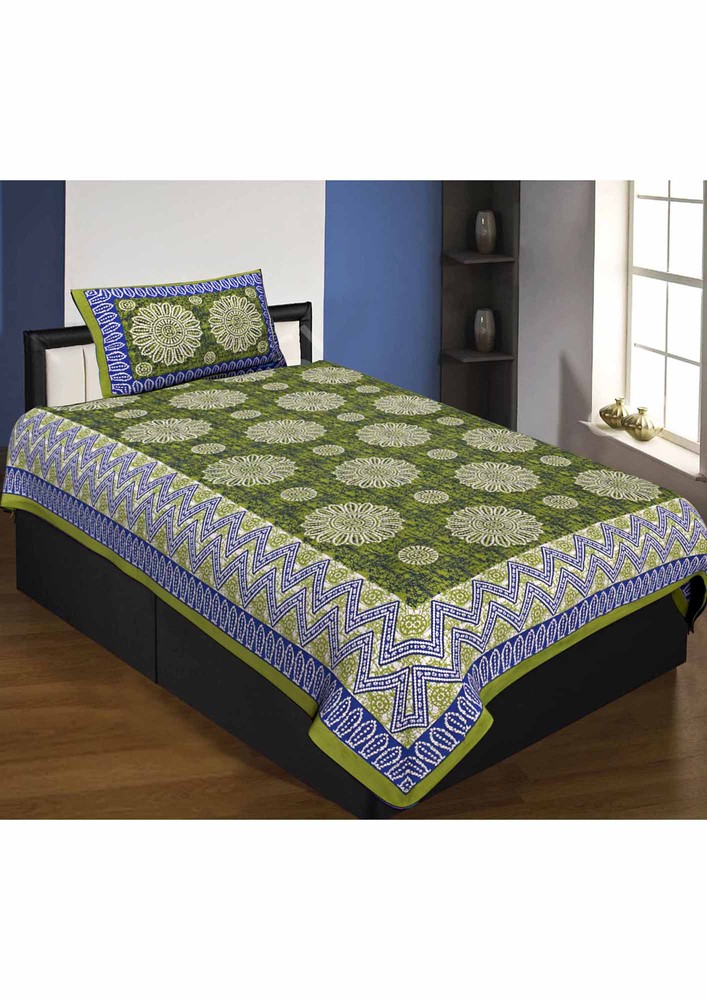 Single Bedsheet Pure Cotton Premium Green Border Flower Print Zig Zag Pattern